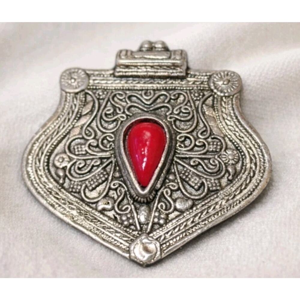 Large Vtg Afghan Turkmen Turkoman 925 Sterling Coral Carnelian Pendant Asyk Boho